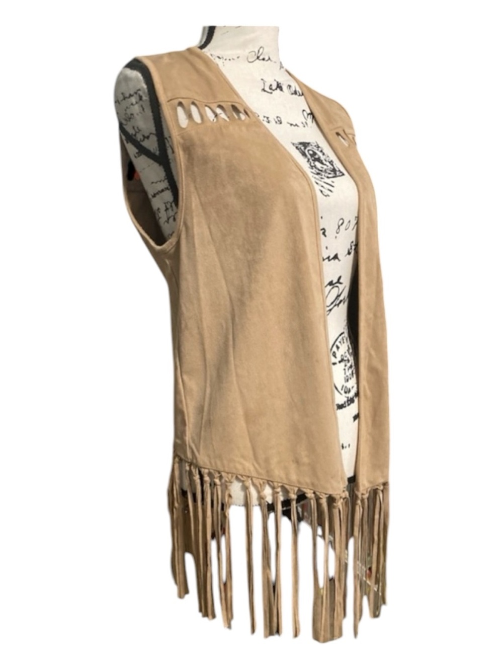 American Rag Tan Faux Suede Fringed Vest Layering Open Sleeveless Cardigan M